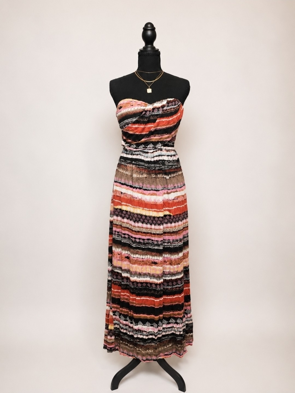 American Rag Strapless Maxi Dress in Red, Pink, Black and Brown Stripes